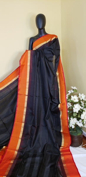 Beautiful Soft Silk Saree in Black and Reddish Orange