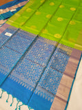 Kanchi Pure Soft Silk Saree - Leaf Green with Blue Pallu