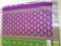 Semi-Silk Designer Saree with Stitched Blouse in Green Body & Purple Pallu