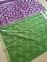 Semi-Silk Designer Saree with Stitched Blouse in Green Body & Purple Pallu