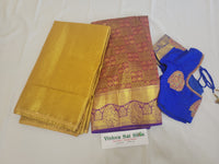 Half Saree - Golden Voni and Maroon checked Semi Silk with Blue blouse