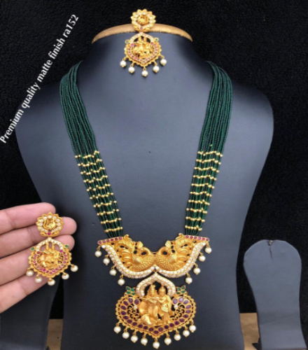 Multi Strand Emerald Green Seed Bead Long Haar | Antique Gold Pendant & Earrings| Radha Krishna and Cow 3D Pendant, Earring | Bridal