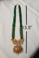 Multi Strand Emerald Green Seed Bead Long Haar | Antique Gold Pendant & Earrings| Radha Krishna and Cow 3D Pendant, Earring | Bridal