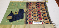 Designer Saree: Semi Gadwal Jamdani Silk Cotton | Sage Green with Navy Blue | Gold Jari