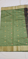 Designer Saree: Semi Gadwal Jamdani Silk Cotton | Sage Green with Navy Blue | Gold Jari